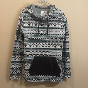 Size Large, thin, hooded sweatshirt with aztec pattern.